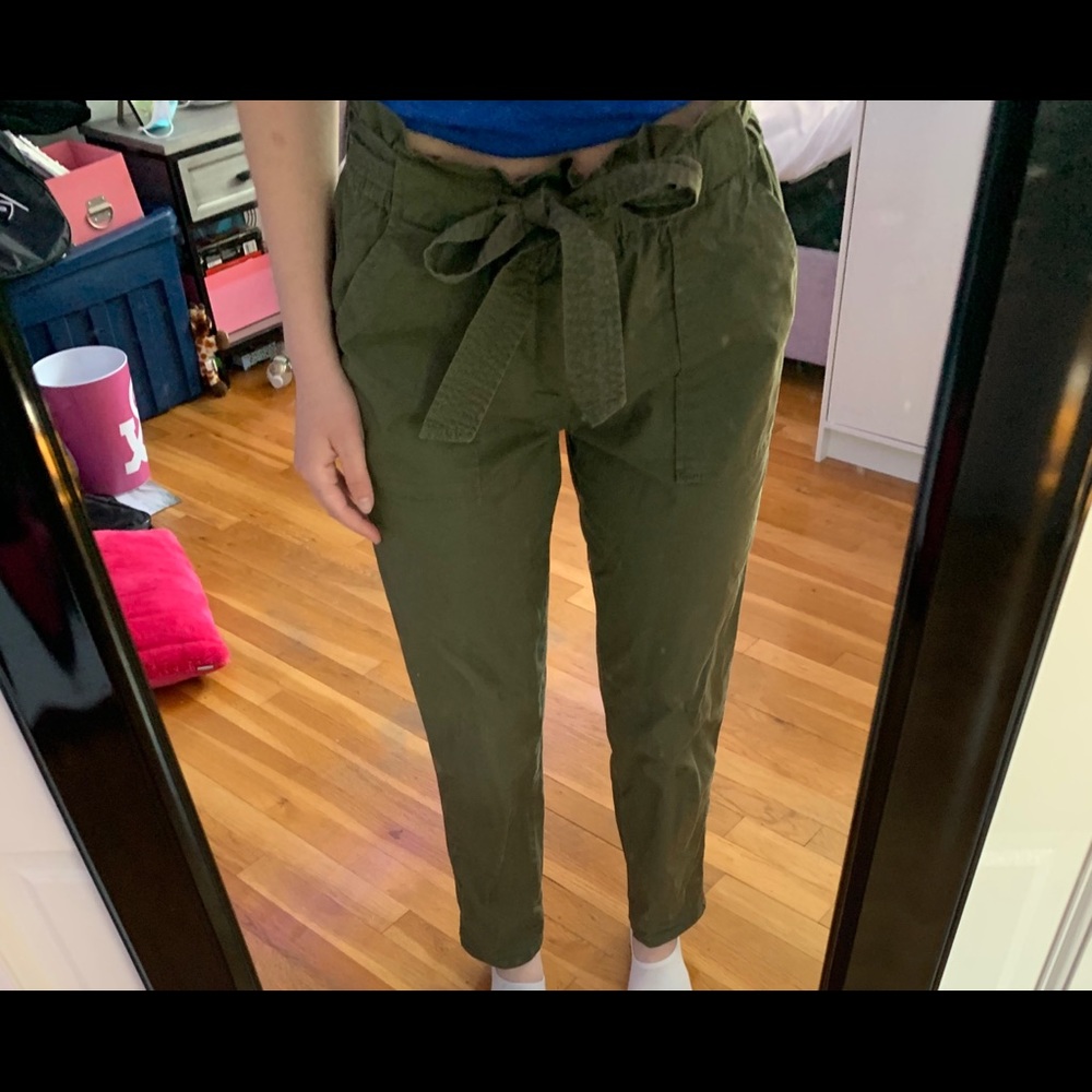 olive green pants with waist tie